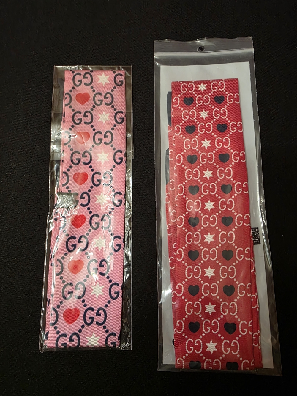 Luxury Inspired Satin Twilly Scarves in Pink & Red with Navy Tips Set Of 2 - Picture 2 of 2